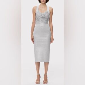 Herve Leger MDF8456466 Met SIlver Knit Fringe Dress NWT